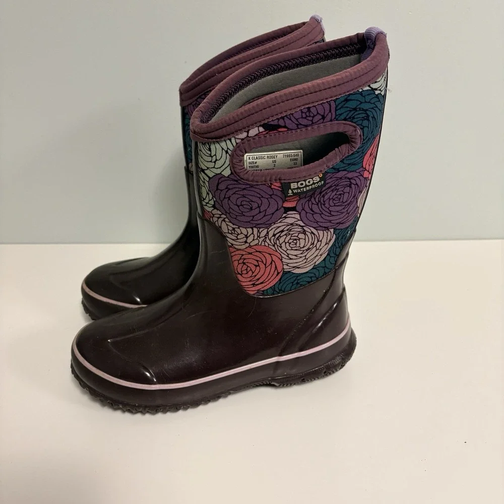 Bogs Rosey Boots Youth Girls 2 Pink Purple Blue Floral Waterproof Rain Snow
